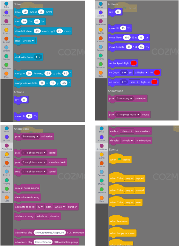 Constructor Mode Categories screen of Anki's Cozmo Robot App