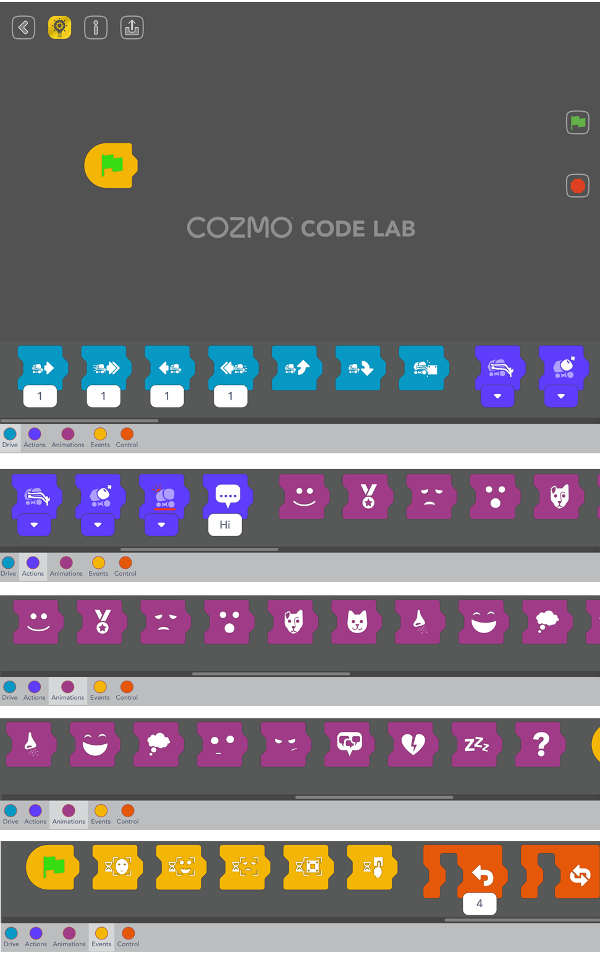 Sandbox Blocks screen of Anki's Cozmo Robot App