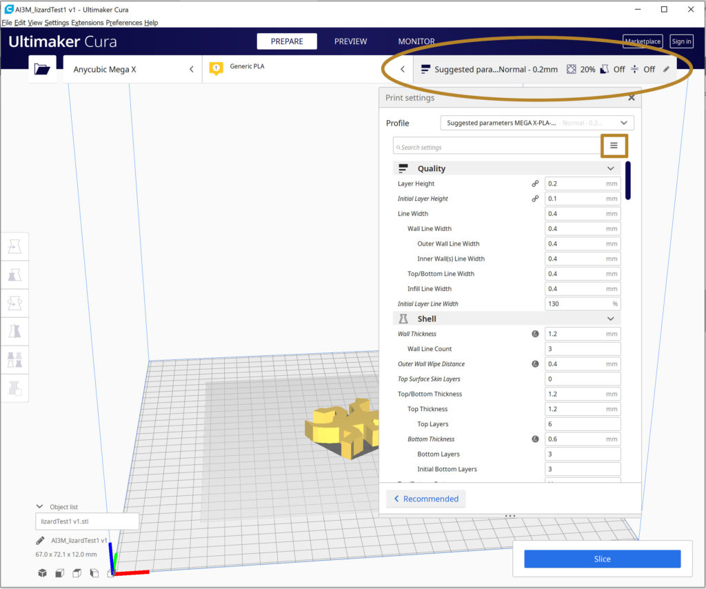 Print Settings panel location in Ultimaker Cura