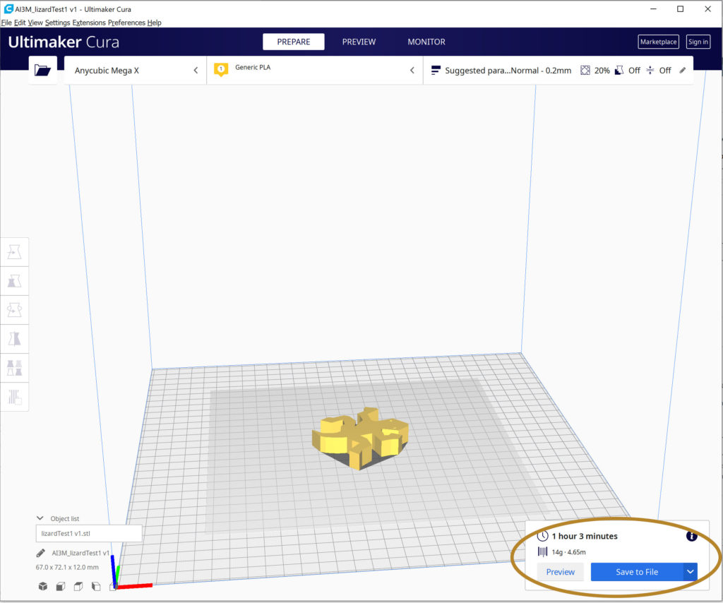 Time and filament estimates on sliced 3D model in Ultimaker Cura